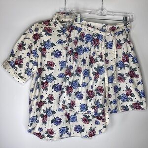 Vintage Capacity Blue White Floral Shirt Shorts Set Medium 90s